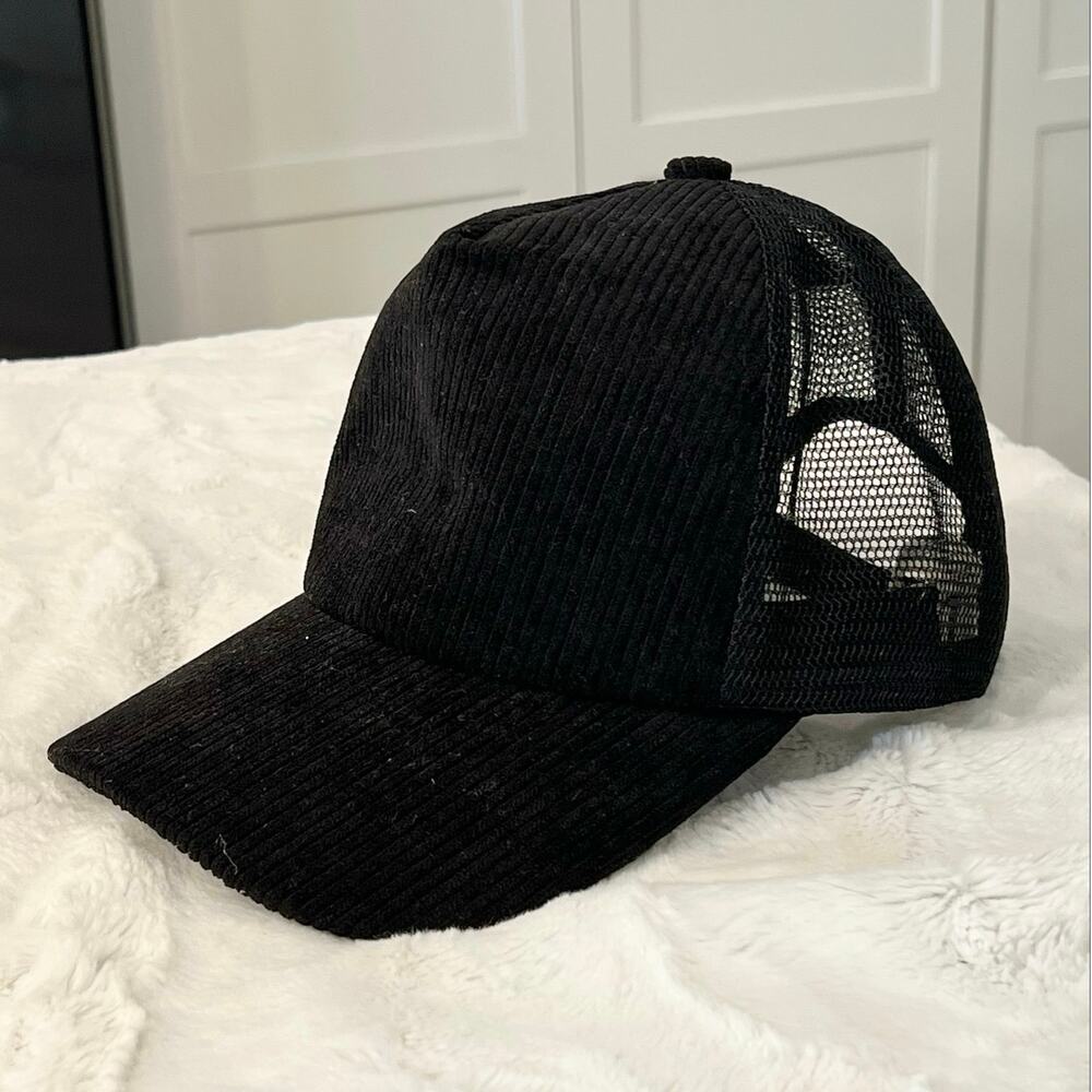 FREE PEOPLE Corduroy Hat Trucker Solid Black Women's OS Cord Mesh Baseball Cap